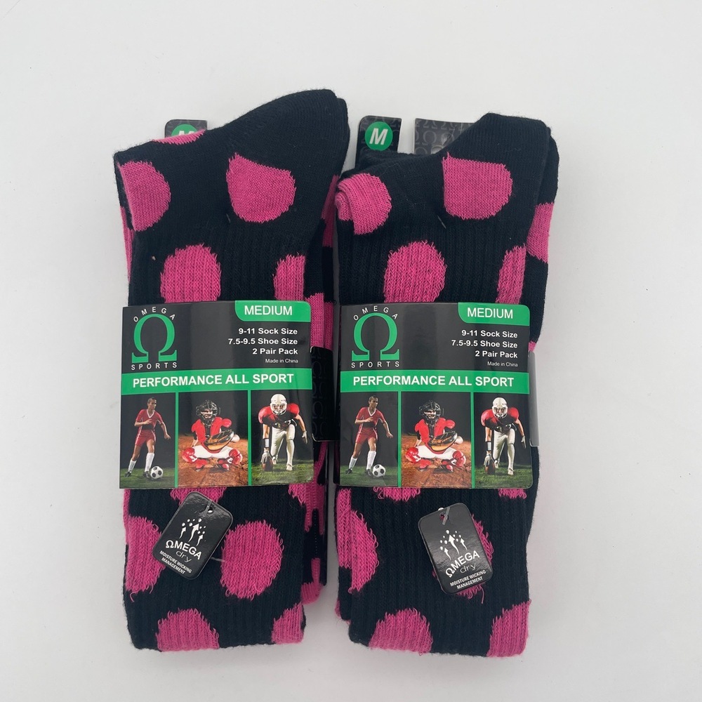 NWT 4 pairs Omega Sports Black Pink Polka Dot Moisture Wicking Socks Medium